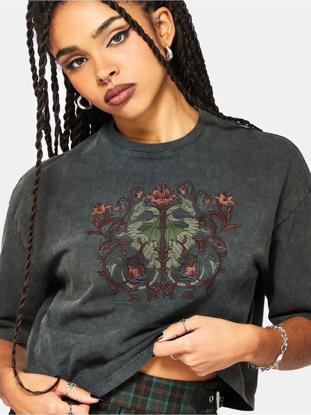 Disturbia mai twin flame embroidered dragon print boxy tee